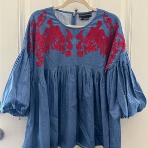 HEMANT & NANDITA Anthropologie Blouse with Red Embroidery